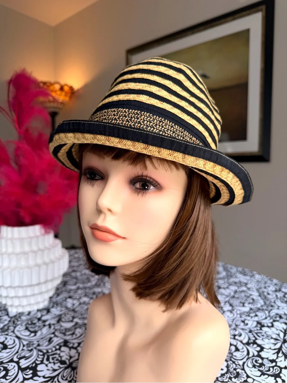 Calvin Klein Black Tan Striped Woven Fedora Hat